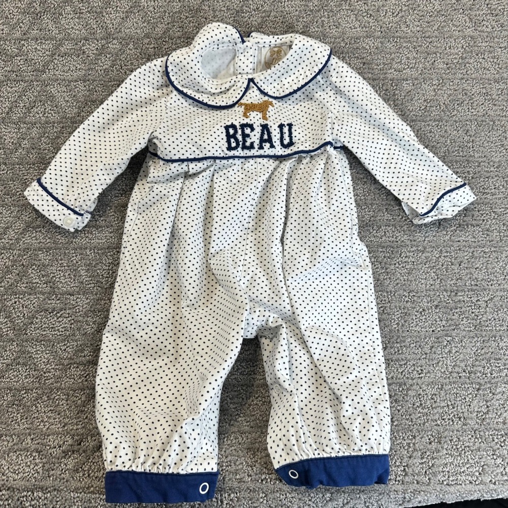 Little Bear Smocks Beau Baby Boy Romper Jumpsuit 6M‎ White Navy Polka Dot Dog